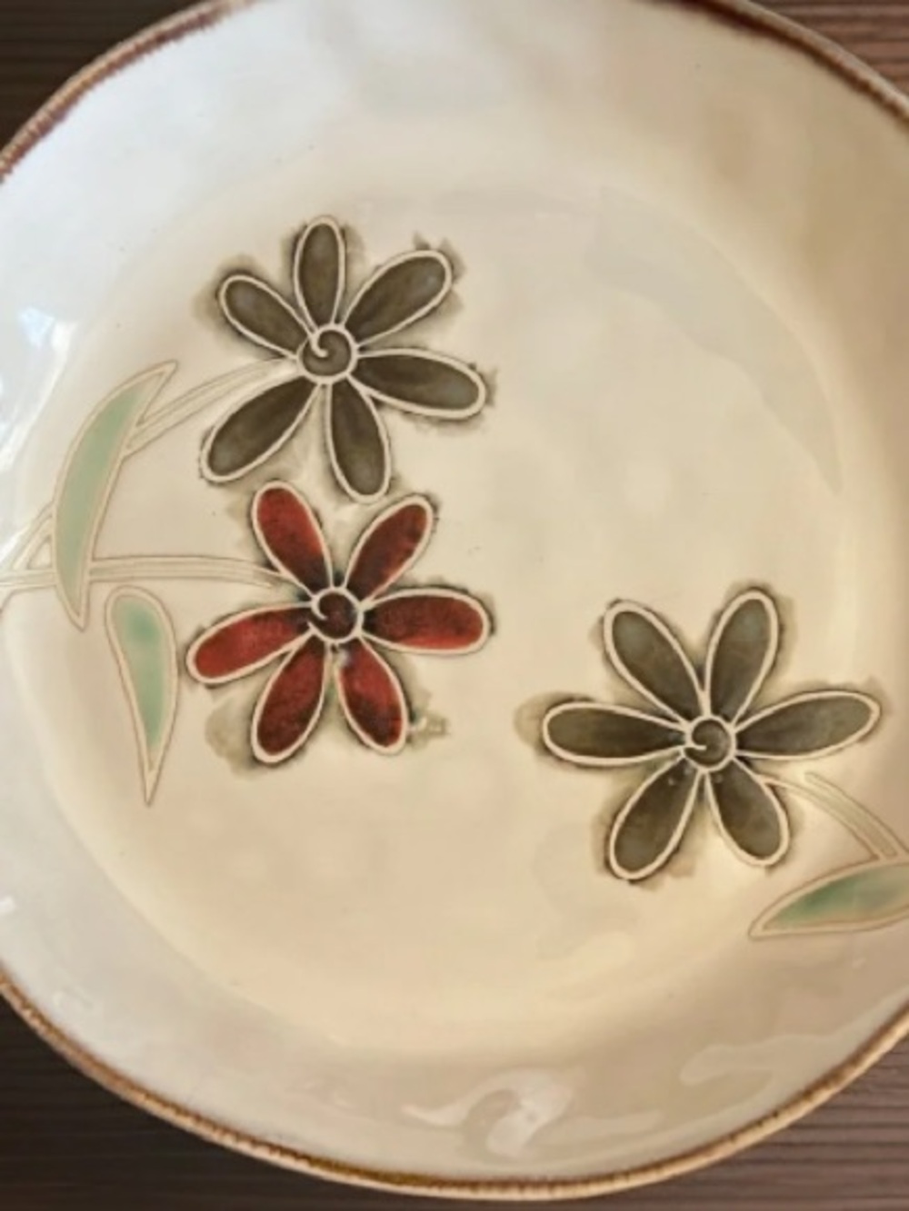 Cream Ceramic Floral Serving Bowl with Red and Olive Flower Accents